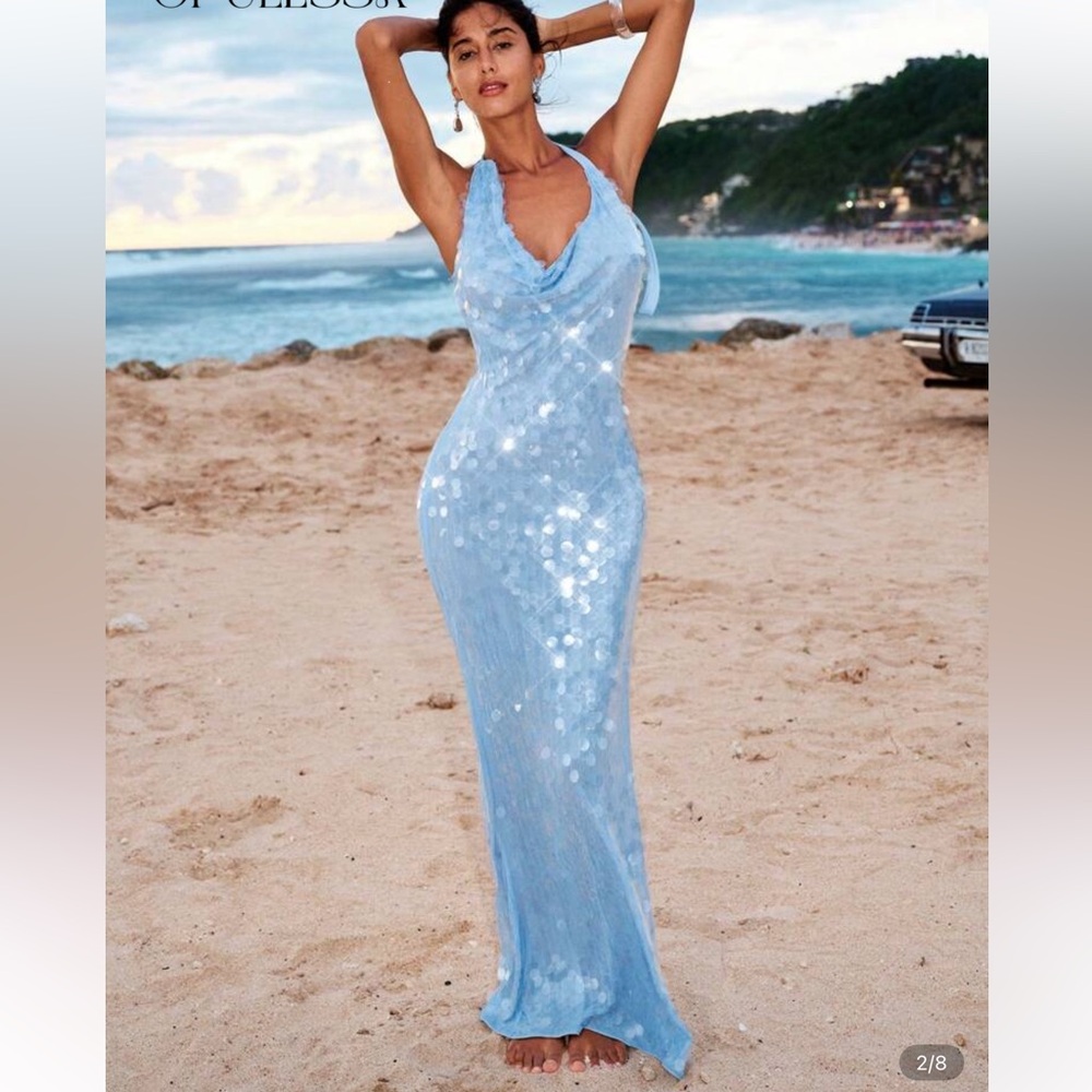 Elegant Light Blue Sequin Gown